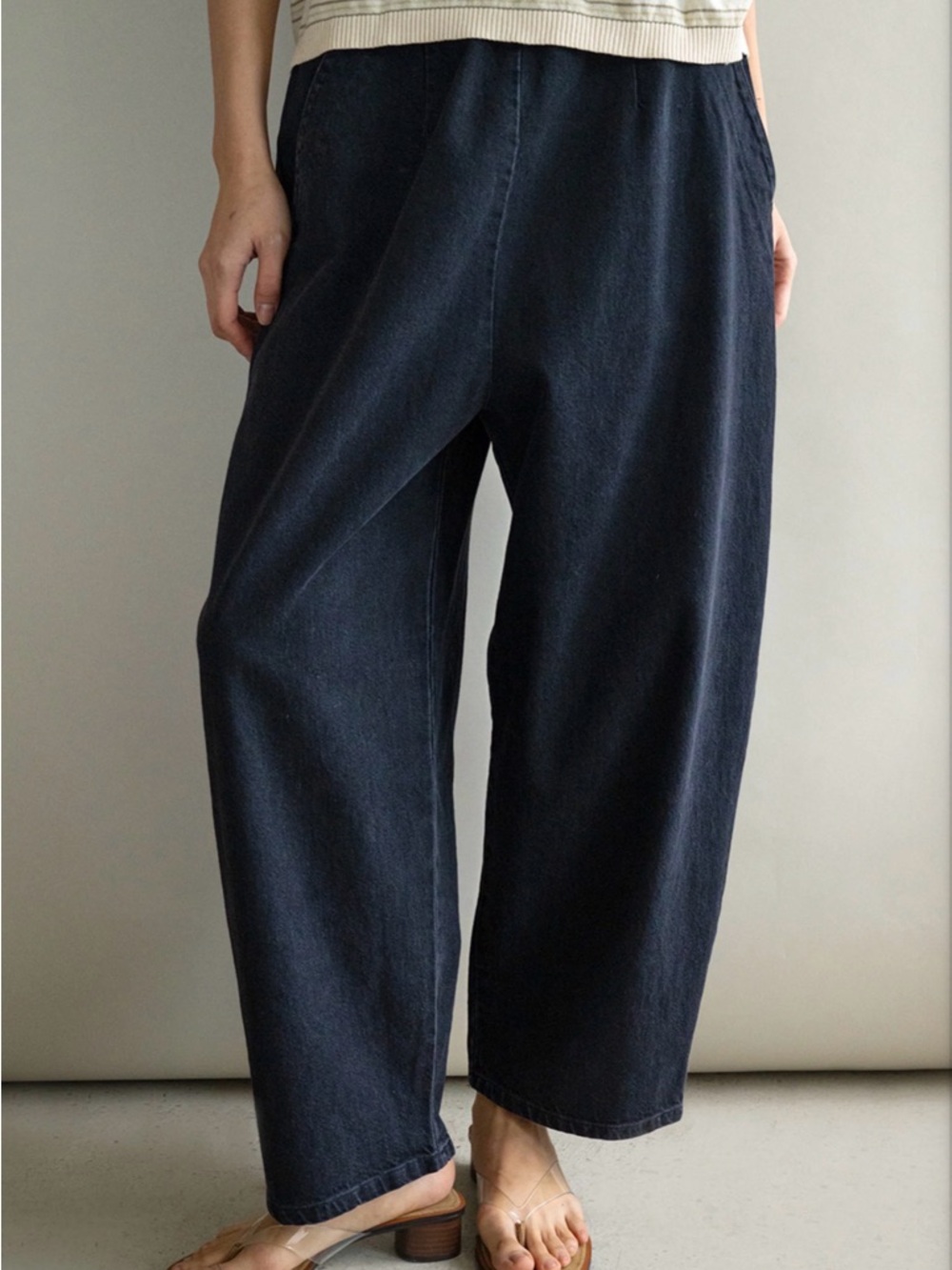 MICAELA GREG The Barrel Pant In Faded Black Iconic Curved Leg Cotton Denim M